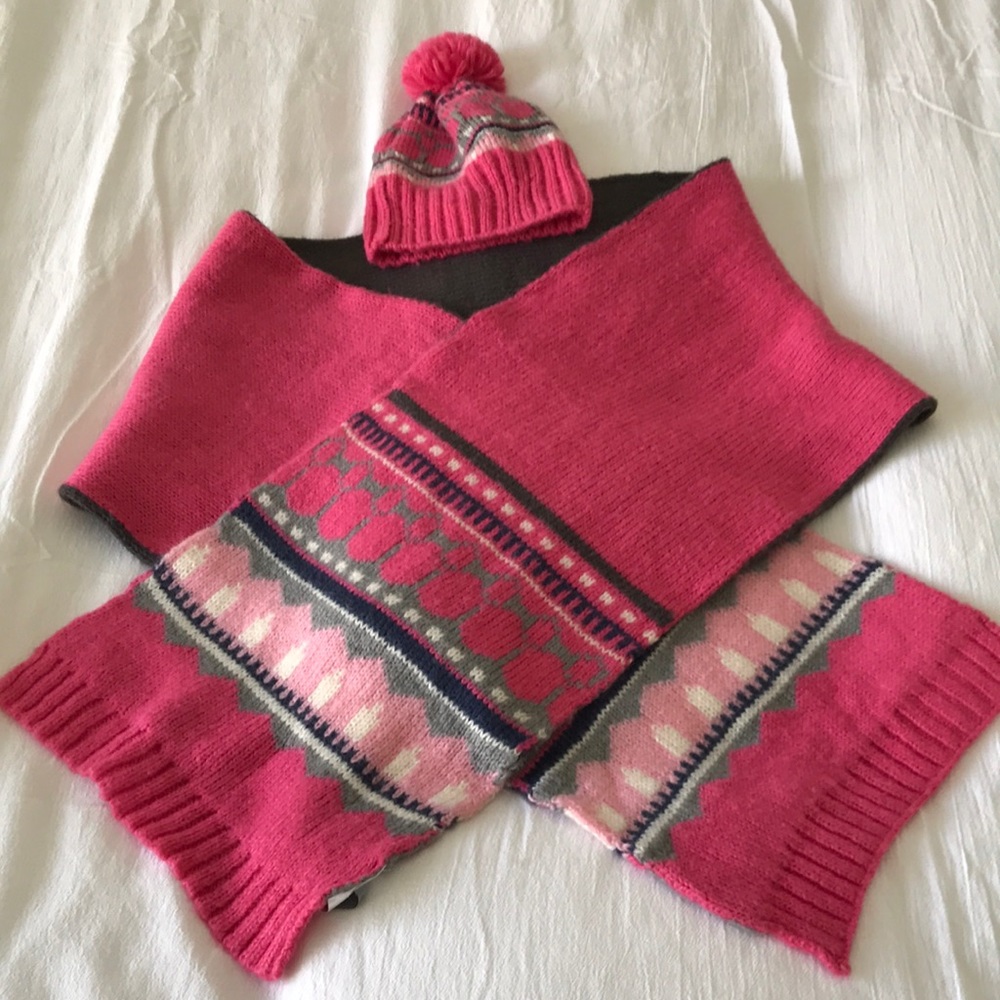 Gap Mohair Blend Winter Scarf and Hat Set Pink & Grey Fair Isle Pattern One Size